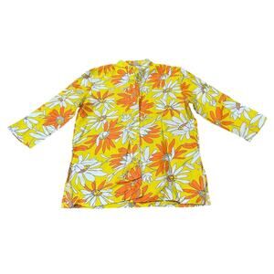 Vintage 60s Mod Daisy Floral Top Yellow Orange Cotton Button Blouse Medium -